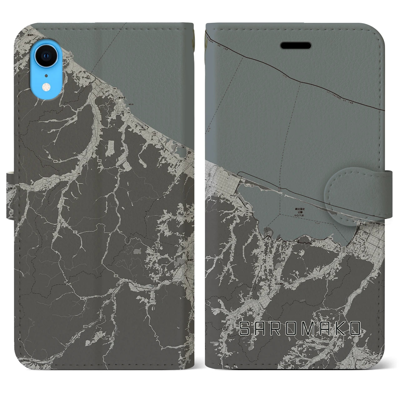 【サロマ湖】地図柄iPhoneケース（手帳両面タイプ・モノトーン）iPhone XR 用