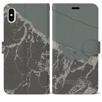 【サロマ湖（北海道）】地図柄iPhoneケース（手帳タイプ）モノトーン・iPhone XS Max 用