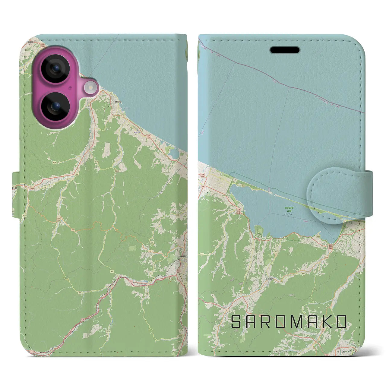 【サロマ湖（北海道）】地図柄iPhoneケース（手帳タイプ）ナチュラル・iPhone 16 Pro 用