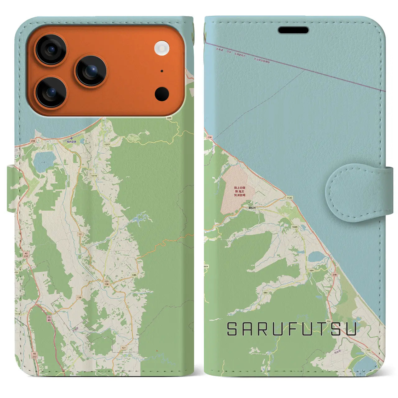 【猿払（北海道）】地図柄iPhoneケース（手帳タイプ）モノトーン・iPhone 17 Pro Max 用