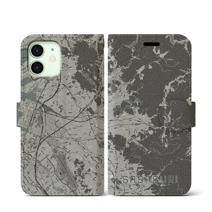 【篠栗（福岡県）】地図柄iPhoneケース（手帳タイプ）モノトーン・iPhone 12 mini 用