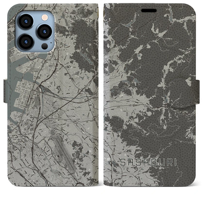 【篠栗（福岡県）】地図柄iPhoneケース（手帳タイプ）モノトーン・iPhone 13 Pro Max 用