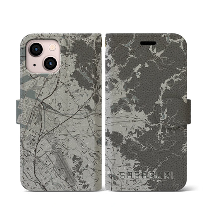 【篠栗（福岡県）】地図柄iPhoneケース（手帳タイプ）モノトーン・iPhone 13 mini 用