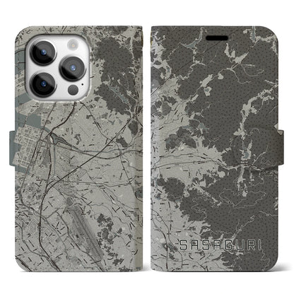 【篠栗（福岡県）】地図柄iPhoneケース（手帳タイプ）モノトーン・iPhone 14 Pro 用