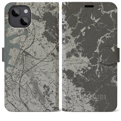 【篠栗（福岡県）】地図柄iPhoneケース（手帳タイプ）モノトーン・iPhone 14 Plus 用