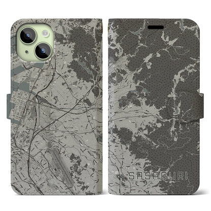 【篠栗（福岡県）】地図柄iPhoneケース（手帳タイプ）モノトーン・iPhone 15 用