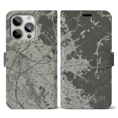 【篠栗（福岡県）】地図柄iPhoneケース（手帳タイプ）モノトーン・iPhone 15 Pro 用