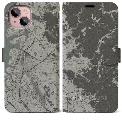 【篠栗（福岡県）】地図柄iPhoneケース（手帳タイプ）モノトーン・iPhone 15 Plus 用