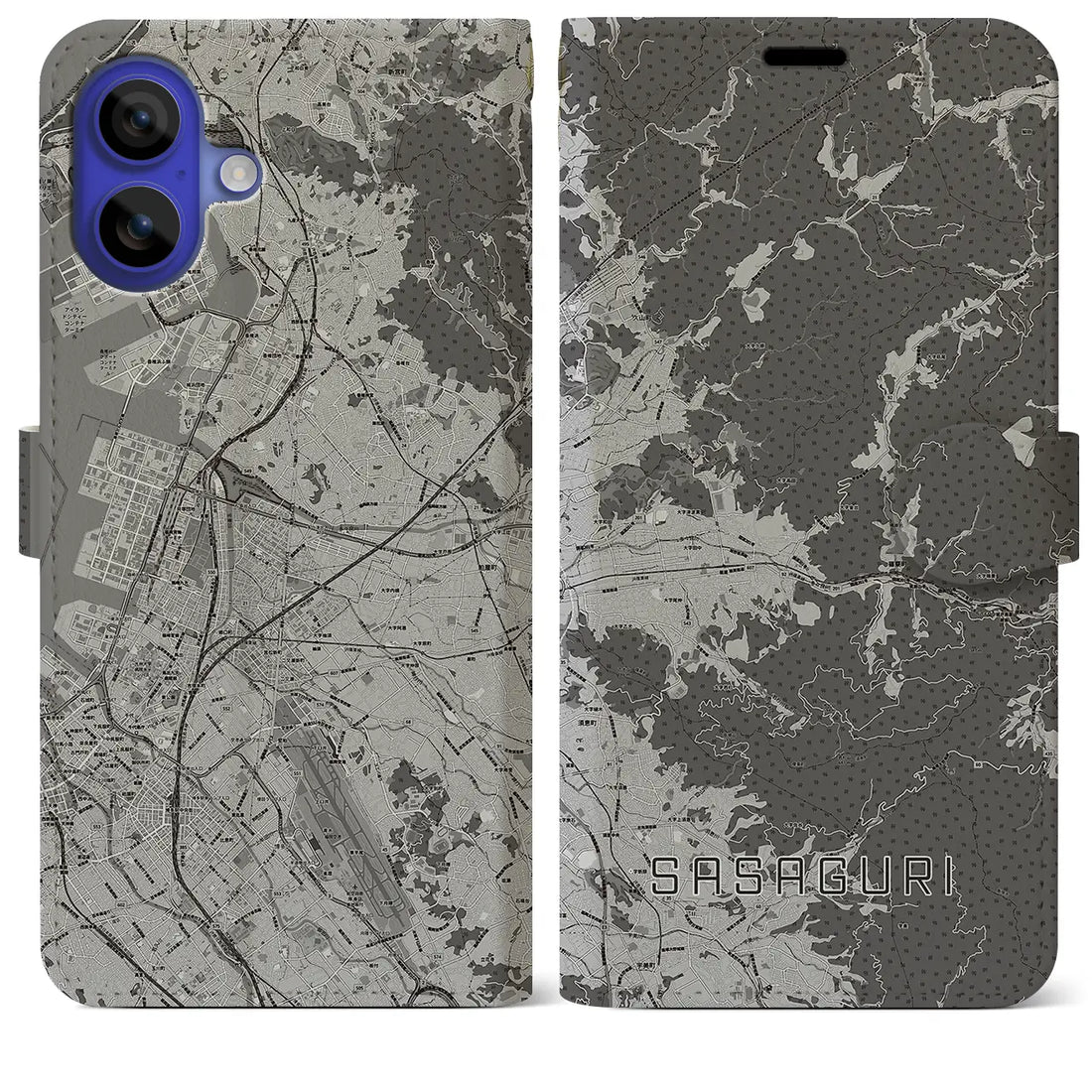 【篠栗(福岡県)】地図柄iPhoneケース(手帳タイプ)モノトーン・iPhone 16 Pro Max 用