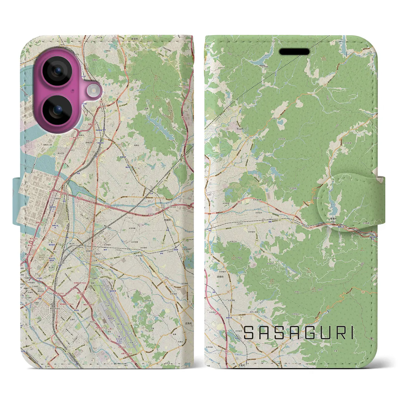 【篠栗（福岡県）】地図柄iPhoneケース（手帳タイプ）ナチュラル・iPhone 16 Pro 用