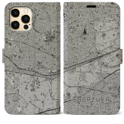 【笹塚（東京都）】地図柄iPhoneケース（手帳タイプ）モノトーン・iPhone 12 Pro Max 用