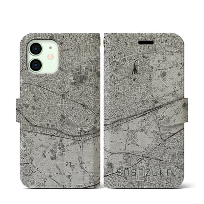 【笹塚（東京都）】地図柄iPhoneケース（手帳タイプ）モノトーン・iPhone 12 mini 用