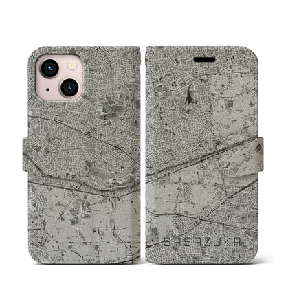 【笹塚（東京都）】地図柄iPhoneケース（手帳タイプ）モノトーン・iPhone 13 mini 用