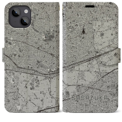 【笹塚（東京都）】地図柄iPhoneケース（手帳タイプ）モノトーン・iPhone 14 Plus 用