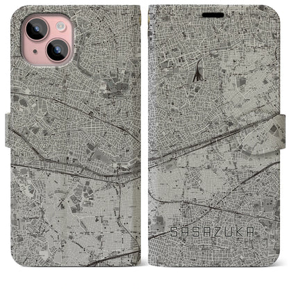 【笹塚（東京都）】地図柄iPhoneケース（手帳タイプ）モノトーン・iPhone 15 Plus 用