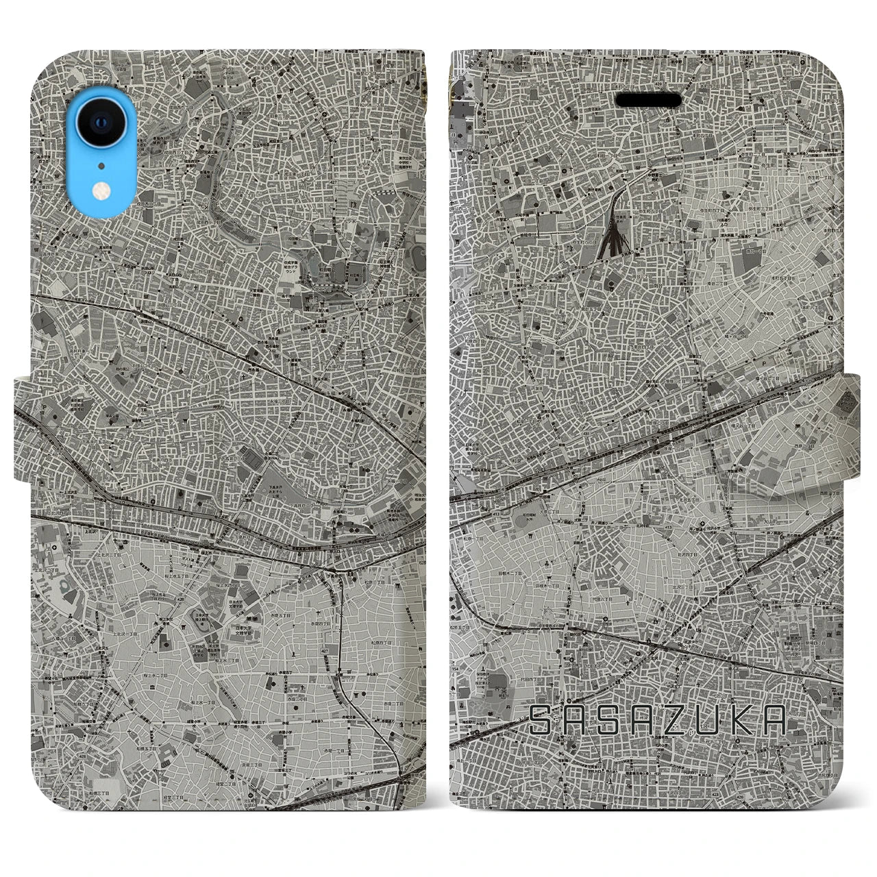 【笹塚】地図柄iPhoneケース（手帳両面タイプ・モノトーン）iPhone XR 用