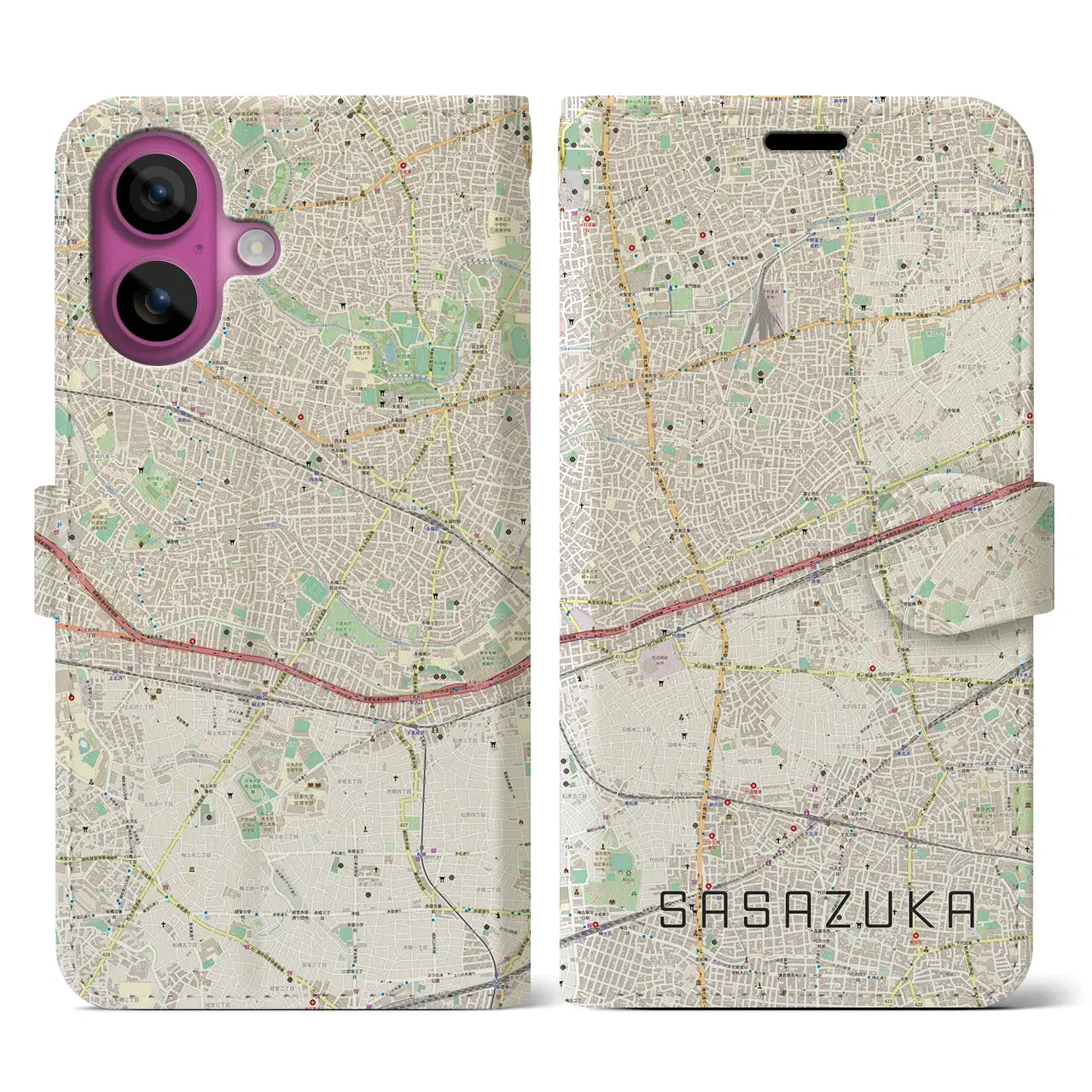 【笹塚（東京都）】地図柄iPhoneケース（手帳タイプ）ナチュラル・iPhone 16 Pro 用