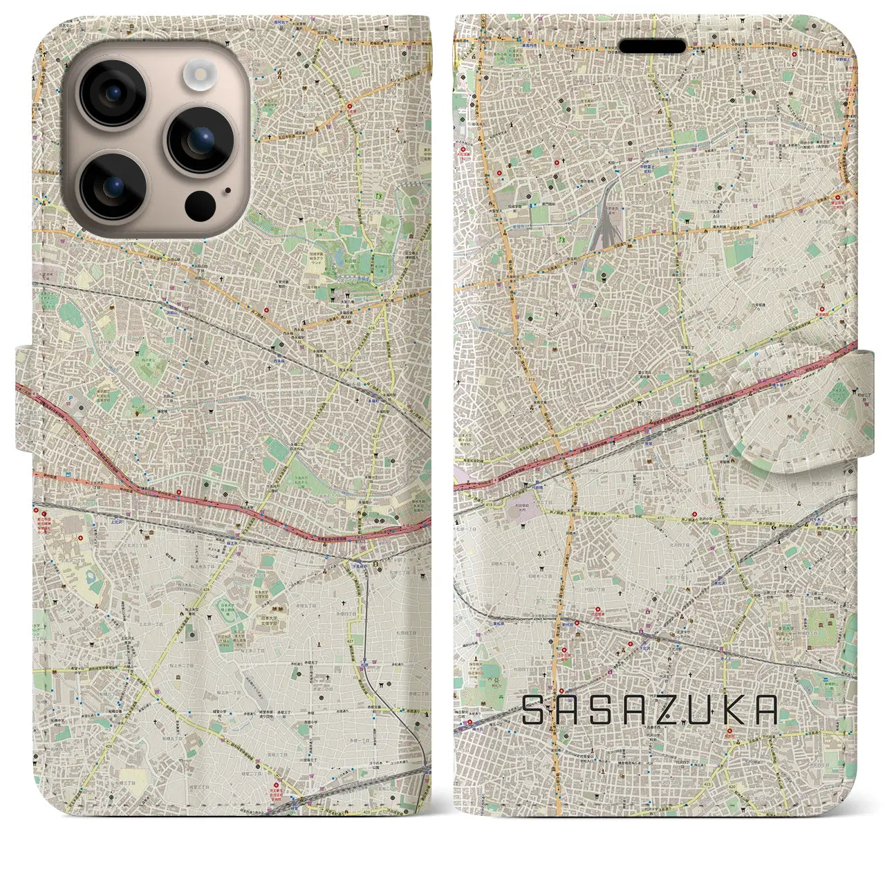 【笹塚（東京都）】地図柄iPhoneケース（手帳タイプ）ナチュラル・iPhone 16 Plus 用