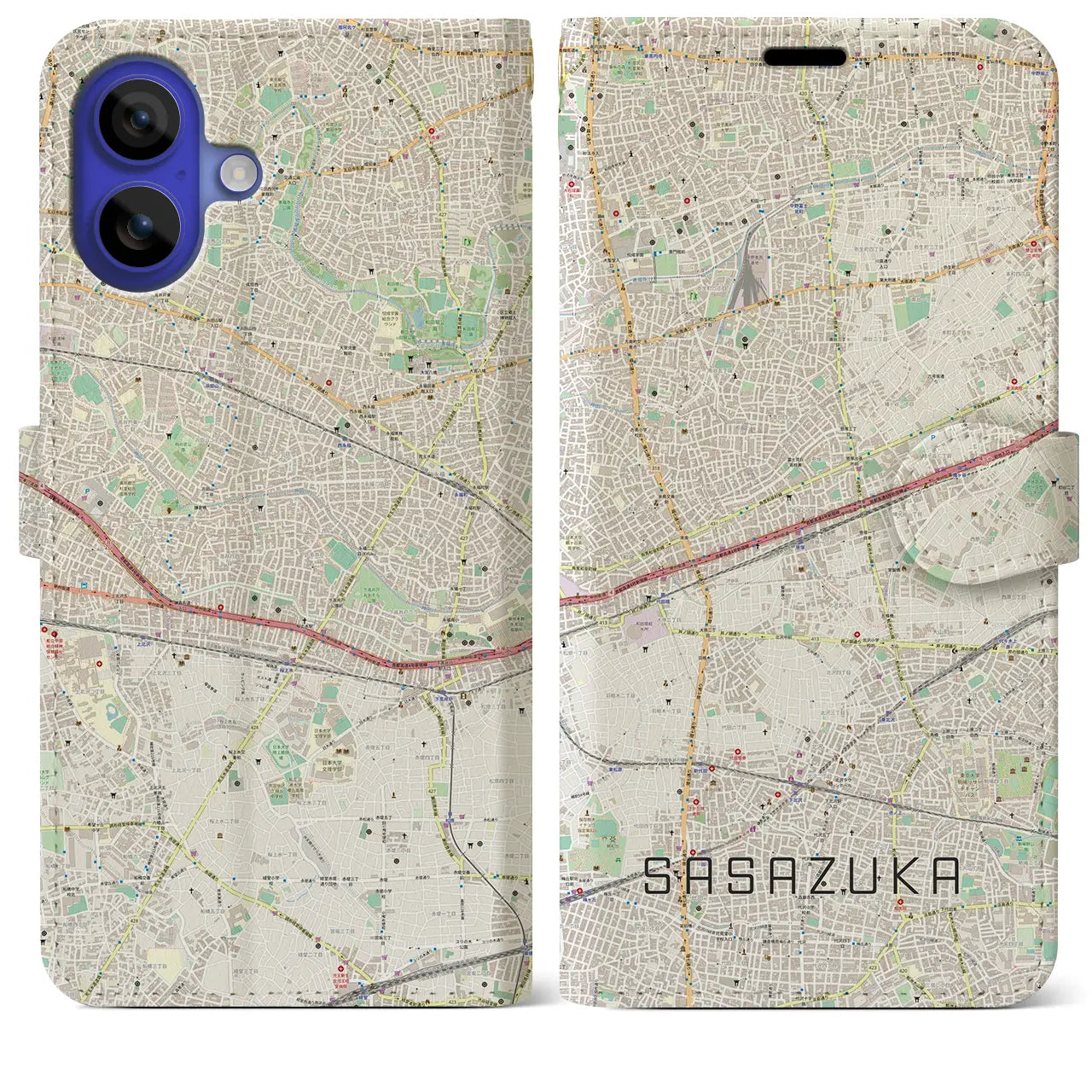 【笹塚（東京都）】地図柄iPhoneケース（手帳タイプ）ナチュラル・iPhone 16 Pro Max 用