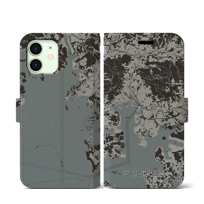 【佐世保（長崎県）】地図柄iPhoneケース（手帳タイプ）モノトーン・iPhone 12 mini 用