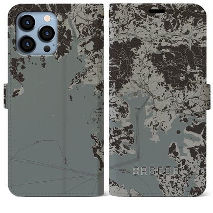 【佐世保（長崎県）】地図柄iPhoneケース（手帳タイプ）モノトーン・iPhone 13 Pro Max 用