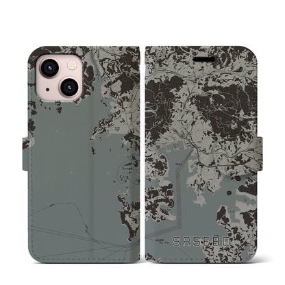 【佐世保（長崎県）】地図柄iPhoneケース（手帳タイプ）モノトーン・iPhone 13 mini 用