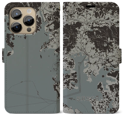 【佐世保（長崎県）】地図柄iPhoneケース（手帳タイプ）モノトーン・iPhone 14 Pro Max 用