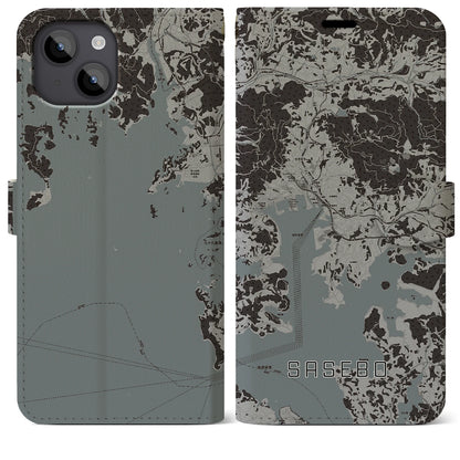 【佐世保（長崎県）】地図柄iPhoneケース（手帳タイプ）モノトーン・iPhone 14 Plus 用