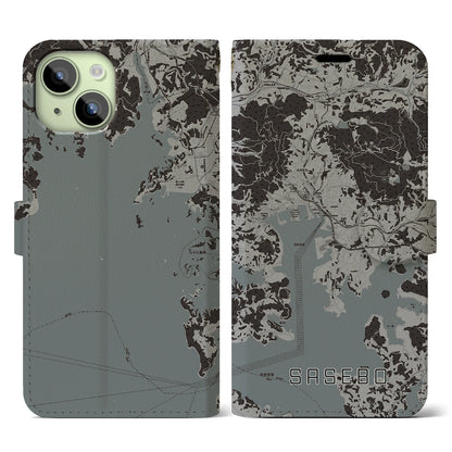 【佐世保（長崎県）】地図柄iPhoneケース（手帳タイプ）モノトーン・iPhone 15 用