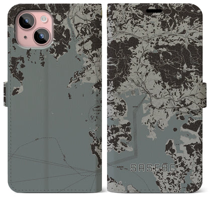 【佐世保（長崎県）】地図柄iPhoneケース（手帳タイプ）モノトーン・iPhone 15 Plus 用