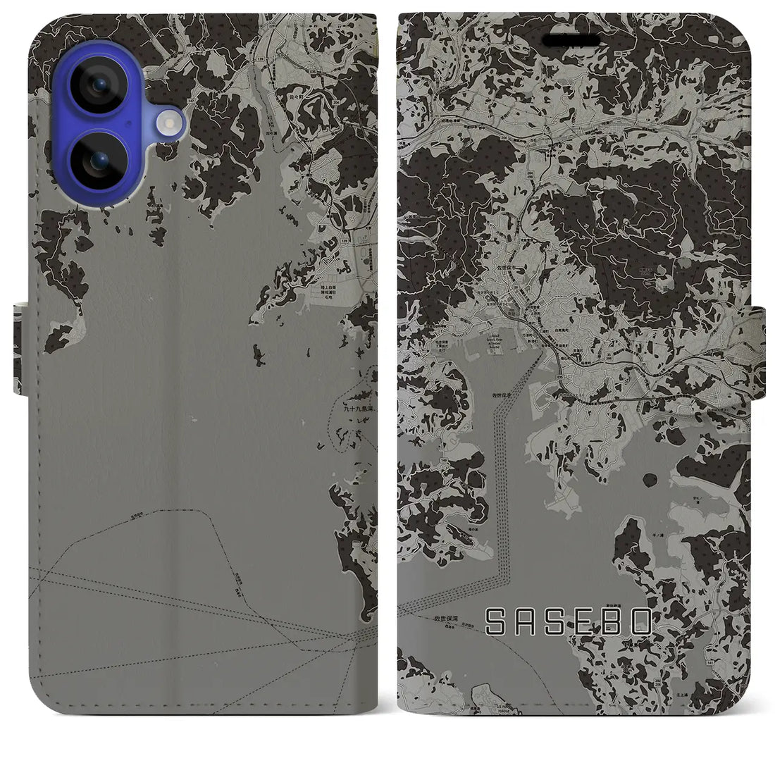 【佐世保(長崎県)】地図柄iPhoneケース(手帳タイプ)モノトーン・iPhone 16 Pro Max 用