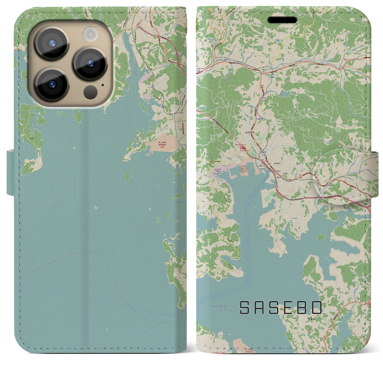 【佐世保】地図柄iPhoneケース（手帳両面タイプ・ナチュラル）iPhone 14 Pro Max 用
