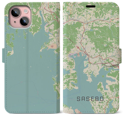 【佐世保（長崎県）】地図柄iPhoneケース（手帳タイプ）ナチュラル・iPhone 15 Plus 用