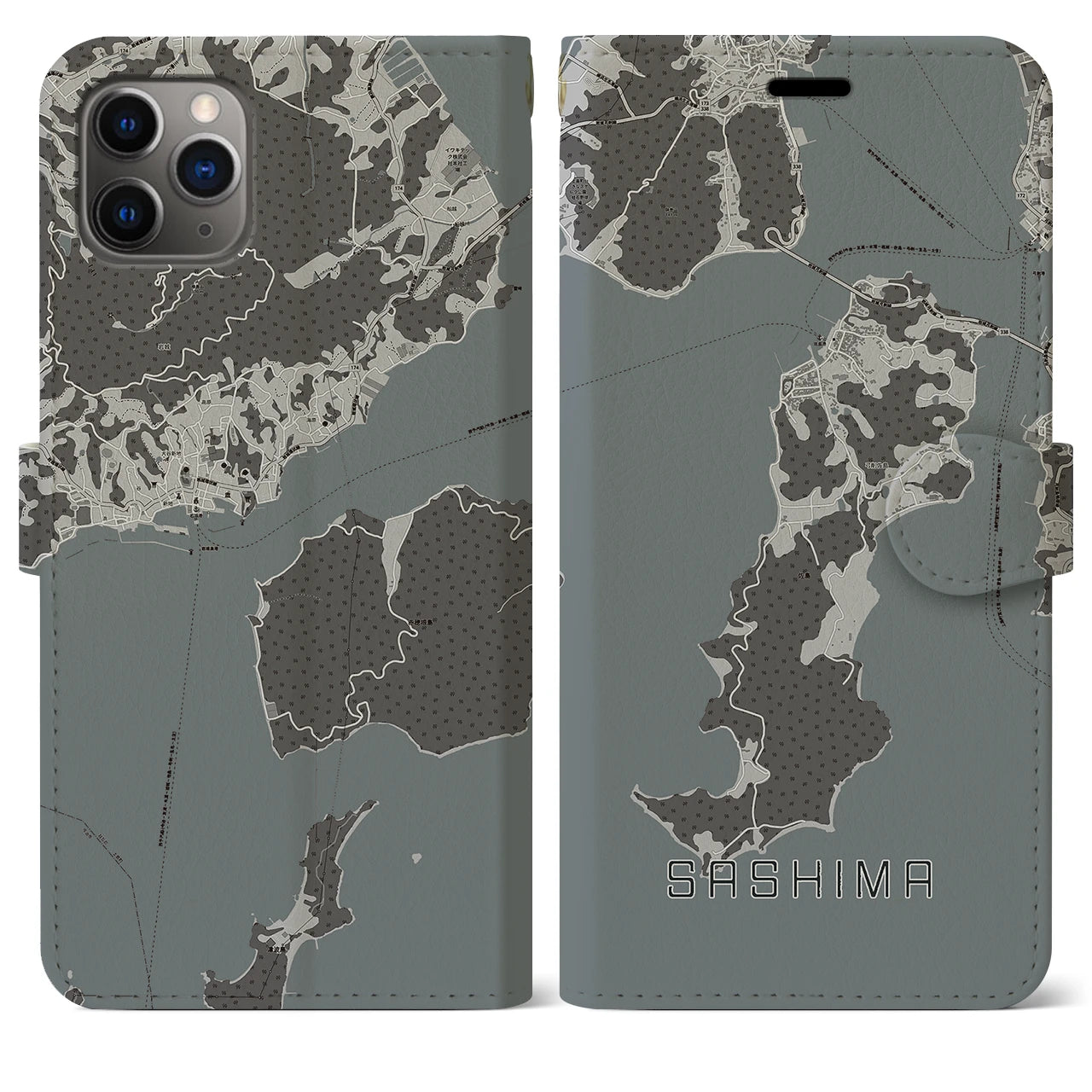 【佐島】地図柄iPhoneケース（手帳両面タイプ・モノトーン）iPhone 11 Pro Max 用