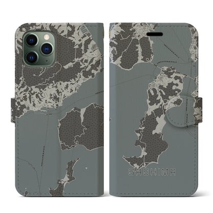 【佐島（愛媛県）】地図柄iPhoneケース（手帳タイプ）モノトーン・iPhone 11 Pro 用