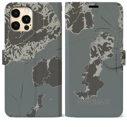 【佐島（愛媛県）】地図柄iPhoneケース（手帳タイプ）モノトーン・iPhone 12 Pro Max 用