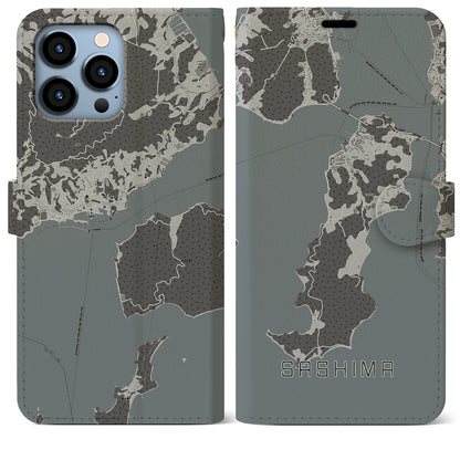 【佐島（愛媛県）】地図柄iPhoneケース（手帳タイプ）モノトーン・iPhone 13 Pro Max 用