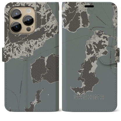 【佐島（愛媛県）】地図柄iPhoneケース（手帳タイプ）モノトーン・iPhone 14 Pro Max 用