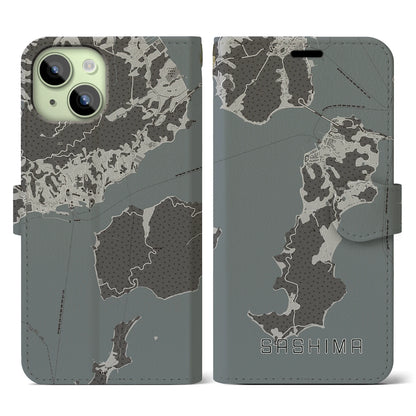 【佐島（愛媛県）】地図柄iPhoneケース（手帳タイプ）モノトーン・iPhone 15 用