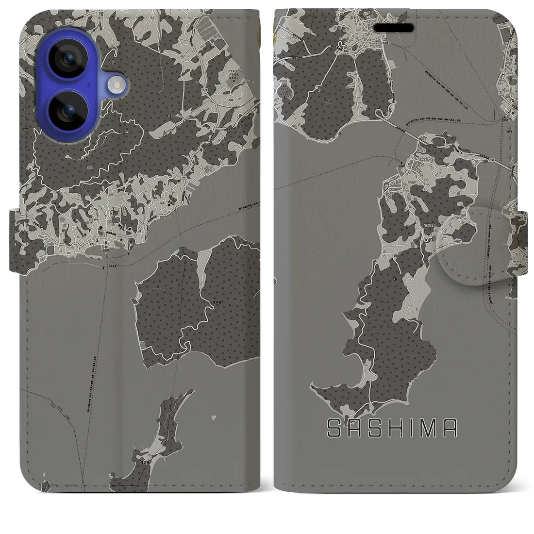 【佐島(愛媛県)】地図柄iPhoneケース(手帳タイプ)モノトーン・iPhone 16 Pro Max 用