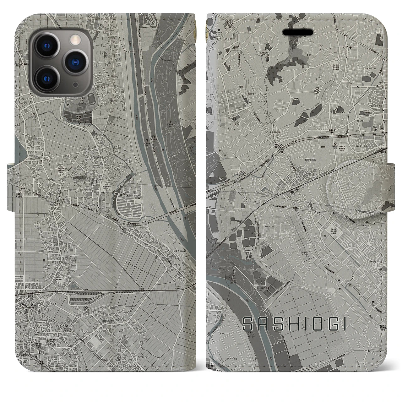 【指扇】地図柄iPhoneケース（手帳両面タイプ・モノトーン）iPhone 11 Pro Max 用
