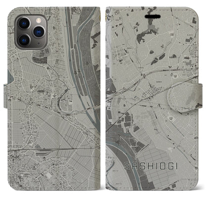 【指扇（埼玉県）】地図柄iPhoneケース（手帳タイプ）モノトーン・iPhone 11 Pro Max 用