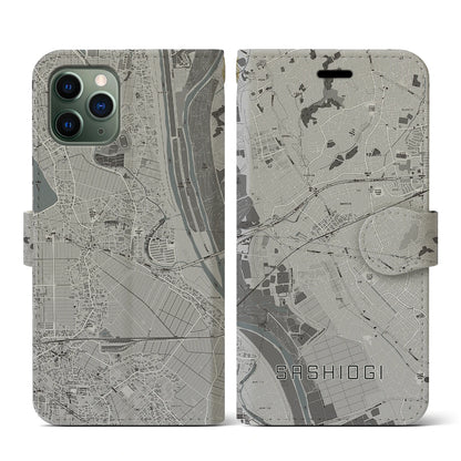 【指扇（埼玉県）】地図柄iPhoneケース（手帳タイプ）モノトーン・iPhone 11 Pro 用