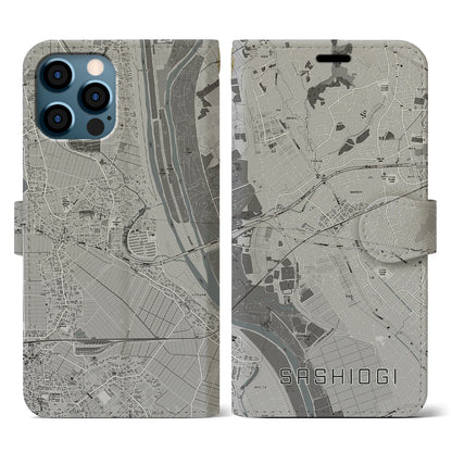 【指扇（埼玉県）】地図柄iPhoneケース（手帳タイプ）モノトーン・iPhone 12 / 12 Pro 用