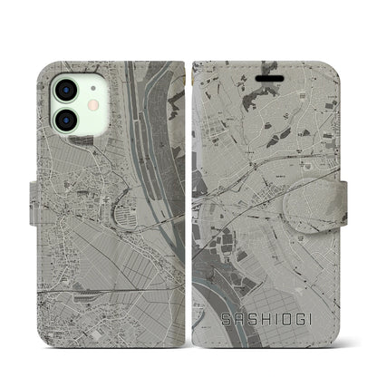 【指扇（埼玉県）】地図柄iPhoneケース（手帳タイプ）モノトーン・iPhone 12 mini 用