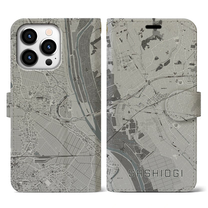 【指扇（埼玉県）】地図柄iPhoneケース（手帳タイプ）モノトーン・iPhone 13 Pro 用