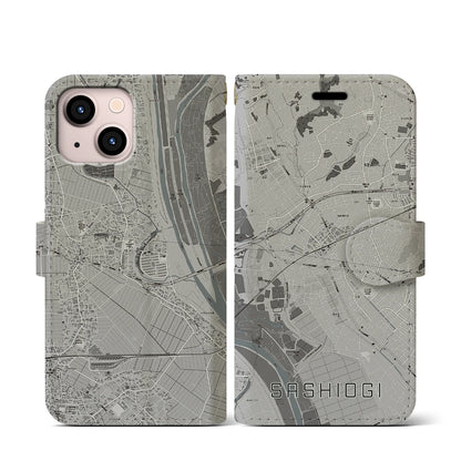 【指扇（埼玉県）】地図柄iPhoneケース（手帳タイプ）モノトーン・iPhone 13 mini 用