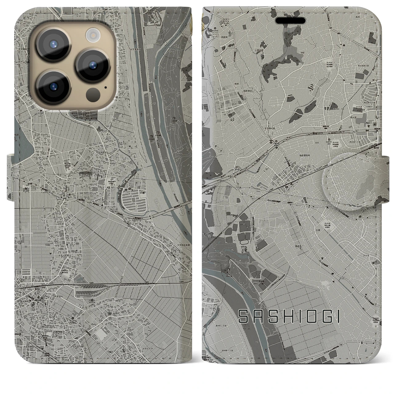 【指扇】地図柄iPhoneケース（手帳両面タイプ・モノトーン）iPhone 14 Pro Max 用