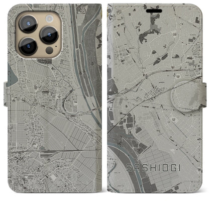 【指扇（埼玉県）】地図柄iPhoneケース（手帳タイプ）モノトーン・iPhone 14 Pro Max 用