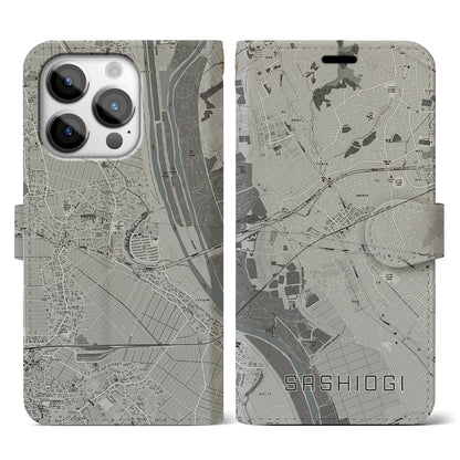 【指扇（埼玉県）】地図柄iPhoneケース（手帳タイプ）モノトーン・iPhone 14 Pro 用